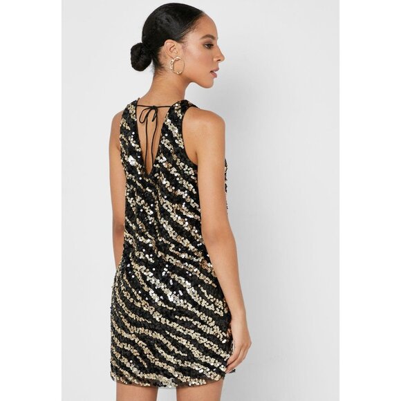 Mango Cocktail Party Sequined Zebra Mesh Mini Dress Womens XXS Black Gold NEW - Picture 2 of 8